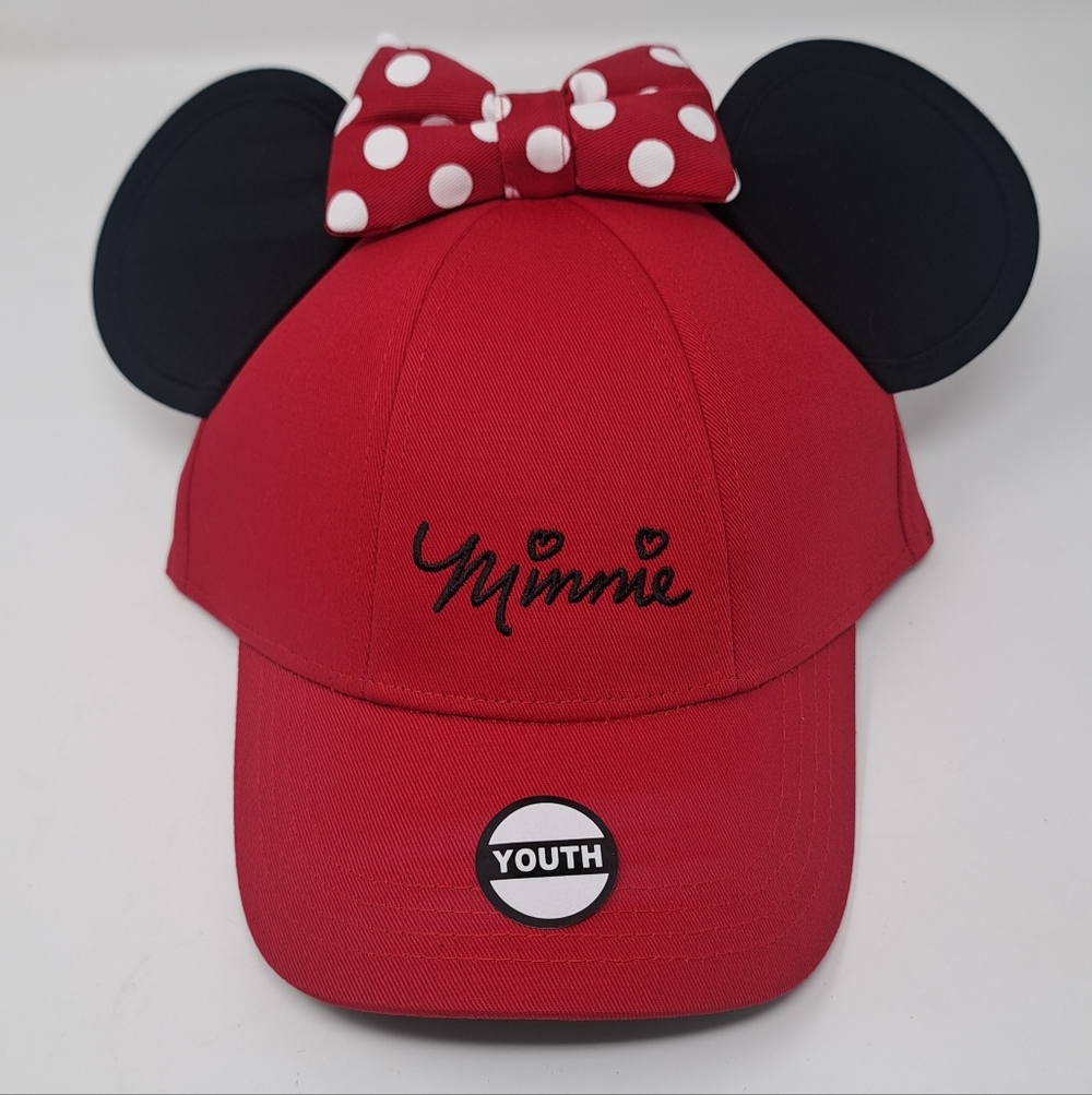 Disney Minnie Mouse Ears W/ Polka Dot Bow‎ Red and Black Youth Hat Cap New